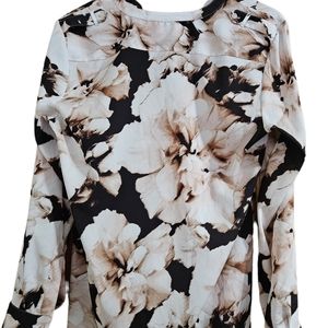 NWOT Calvin Klein Woman's Career Botanical V-Neck Pink & Black Blouse Size Large